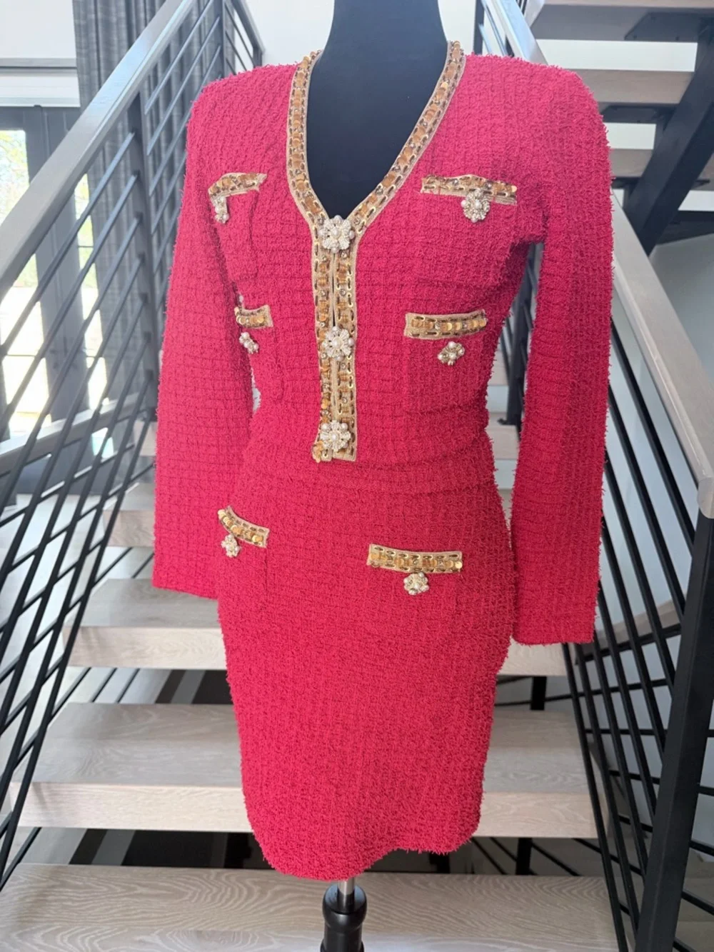 New Self portrait Red Tweed Two-Piece Skirt Set with Gold Trim size S - Picture 10 of 15